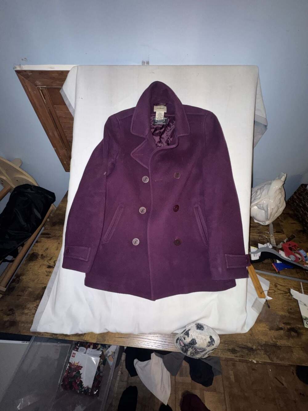 L.L. Bean Bellandi Premium Wool Blend Double Breasted Pea Coat Plum Purple SZ8